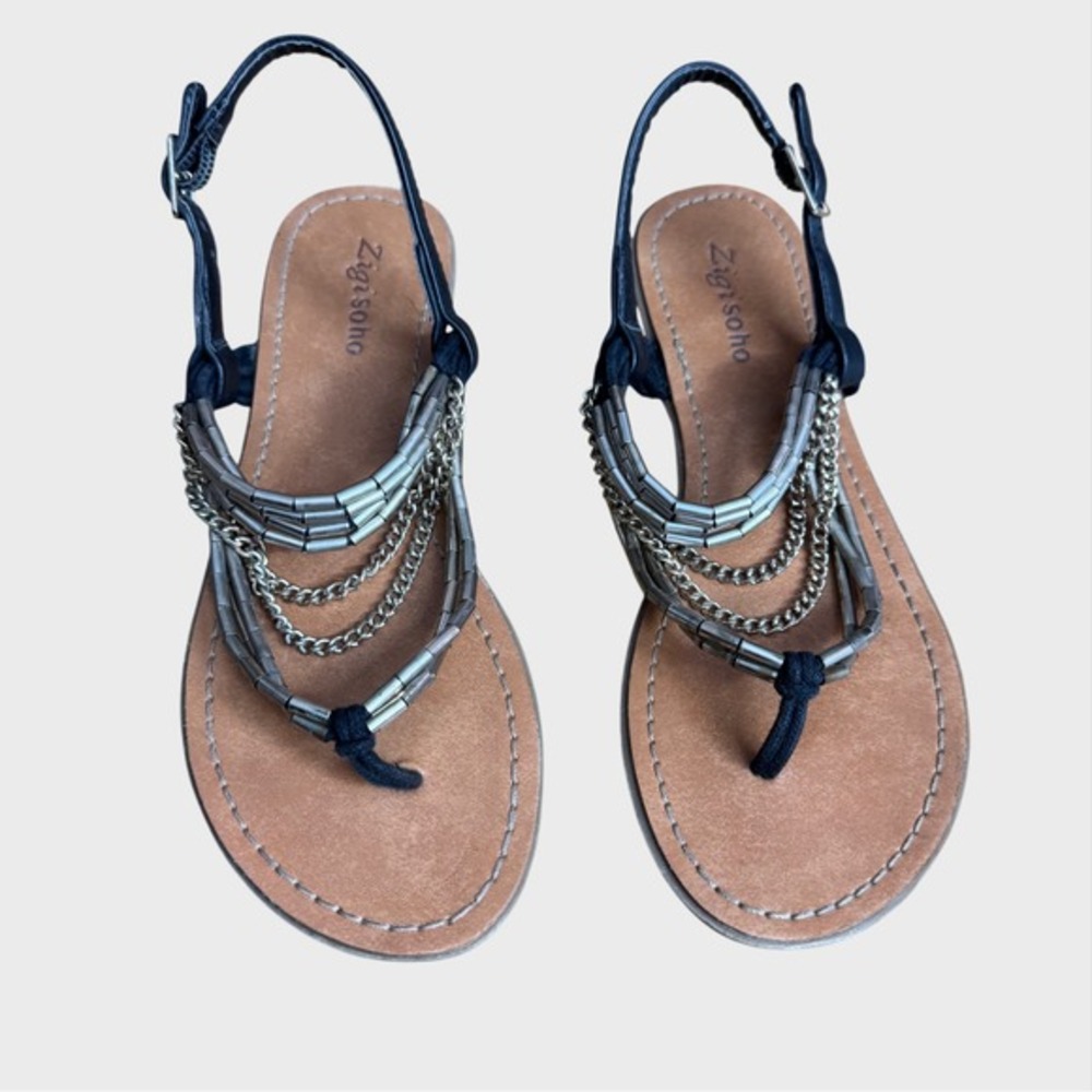 Zigi Soho Women's 7 Black Leather Silver Beaded‎ Flat Sandals Goth summer flats